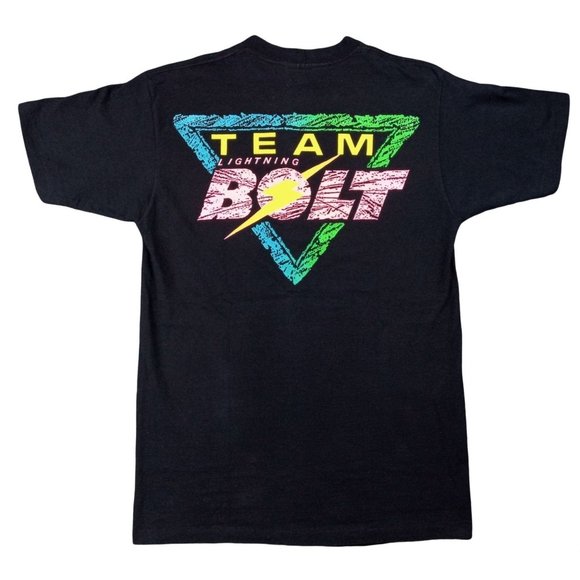 Vintage Team Lightning Bolt T-Shirt 1980s Neon Black Large Surfer Surfboard - Picture 1 of 9